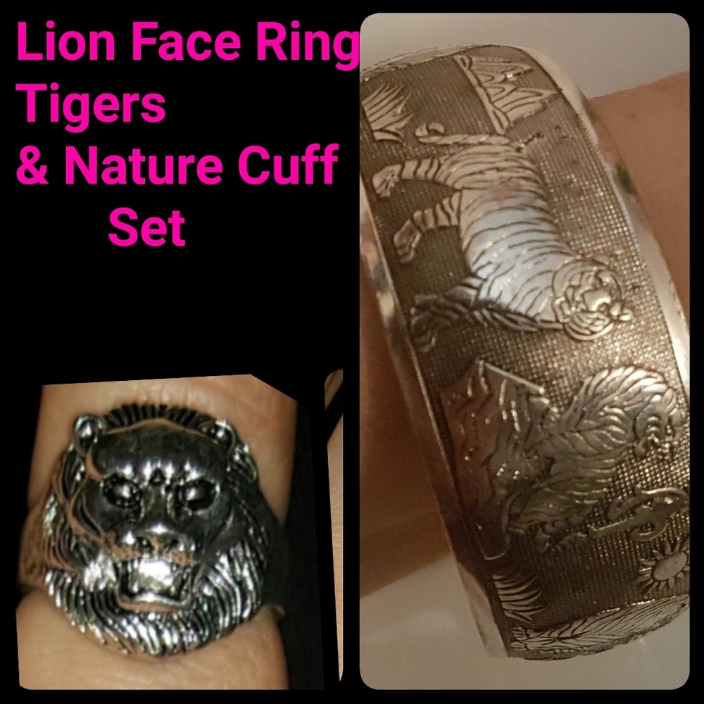 TigerCuffLionFaceRingSz7Set Handmade